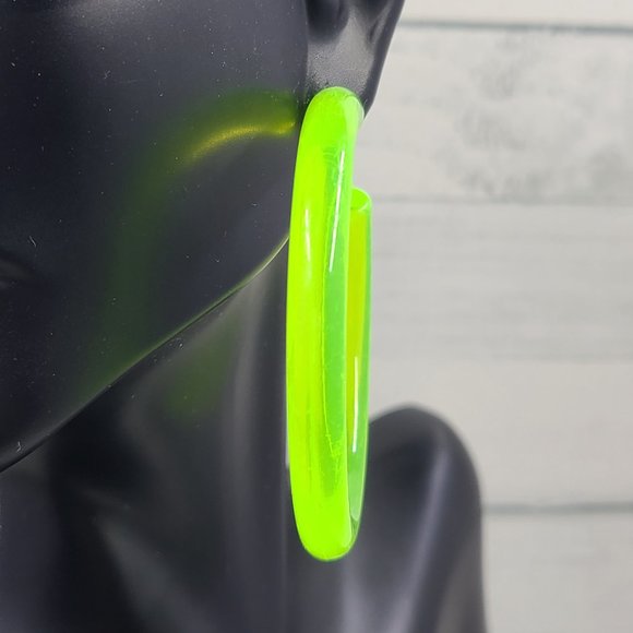 2" Yellow 80's Retro Neon Translucent Tube Lucite Hoop Earrings - Picture 11 of 11